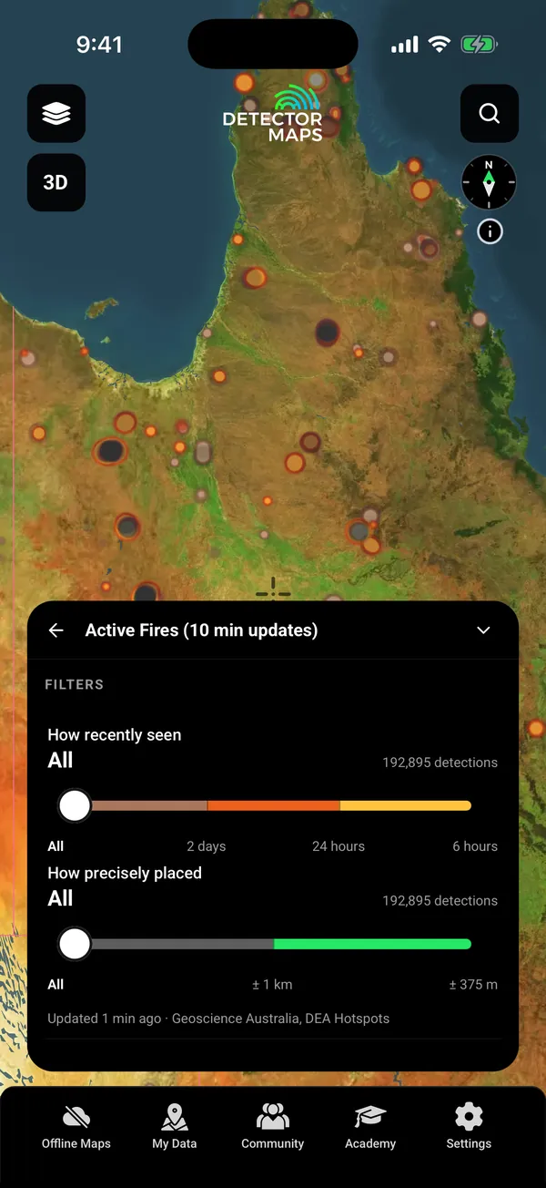 Active Fires: live satellite hotspots over Cape York with the two filter sliders (how recently seen, how precisely placed) and live detection count
