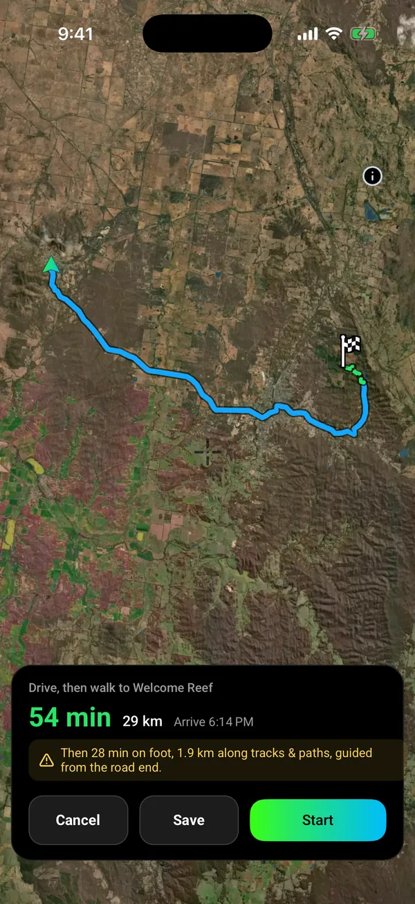 Go to route, drive then walk: 54 min and 29 km by road, then 28 min on foot (1.9 km along tracks and paths) to Welcome Reef, a named gold occurrence