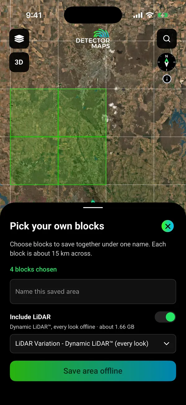 Offline block picker over Victorian goldfields ground: four 15 km blocks chosen, Include LiDAR switch on (Dynamic LiDAR, every look, about 1.66 GB)