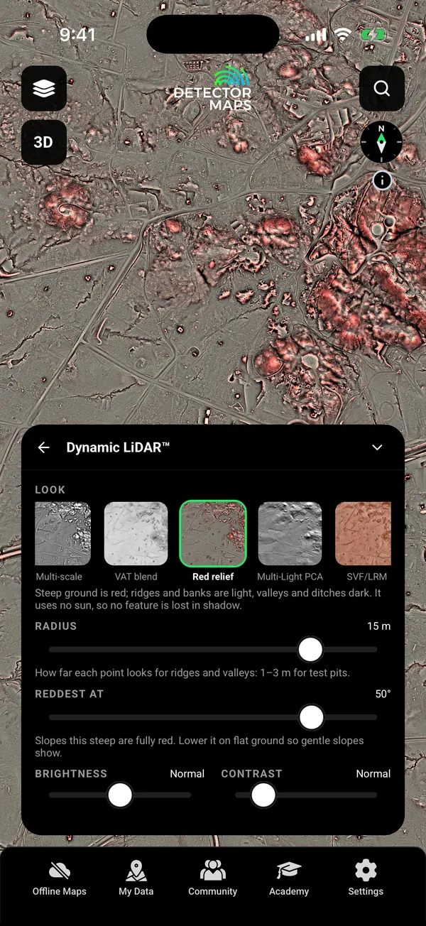 Dynamic LiDAR over the Charters Towers goldfield, with the Look card (nine looks, Red relief shown)