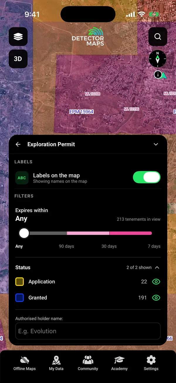 Queensland Mining Lease and Exploration Permit tenements over Charters Towers with the Exploration Permit filter card (expires within, status counts, holder search)