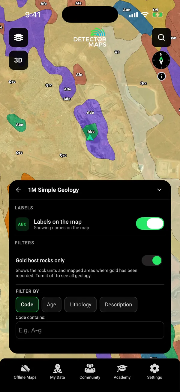 1M Simple Geology with the Gold host rocks only switch on (filter card open)