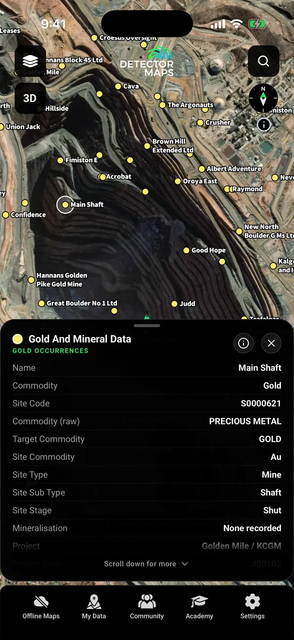 Named gold occurrences around the Kalgoorlie Super Pit with a tapped record card (Main Shaft)
