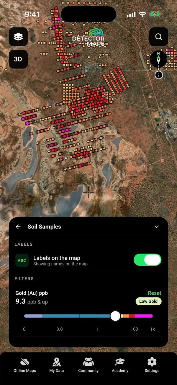Soil geochemistry (gold ppb) near Kalgoorlie with the grade filter card set to 9.3 ppb and up