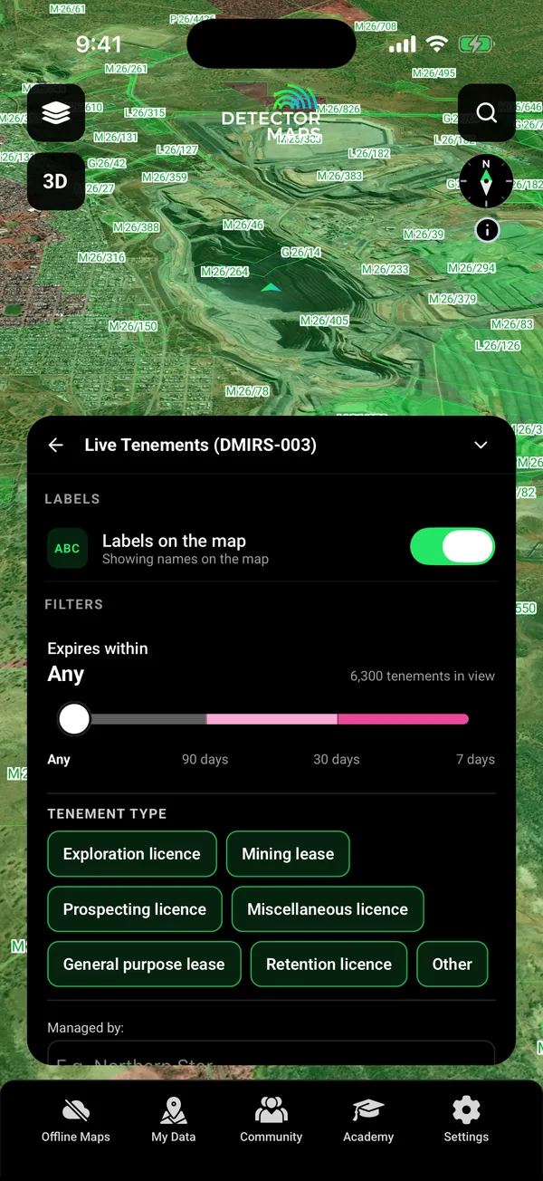 Live tenements around the Kalgoorlie Super Pit with the filter card (expiry, tenement type, managed by)