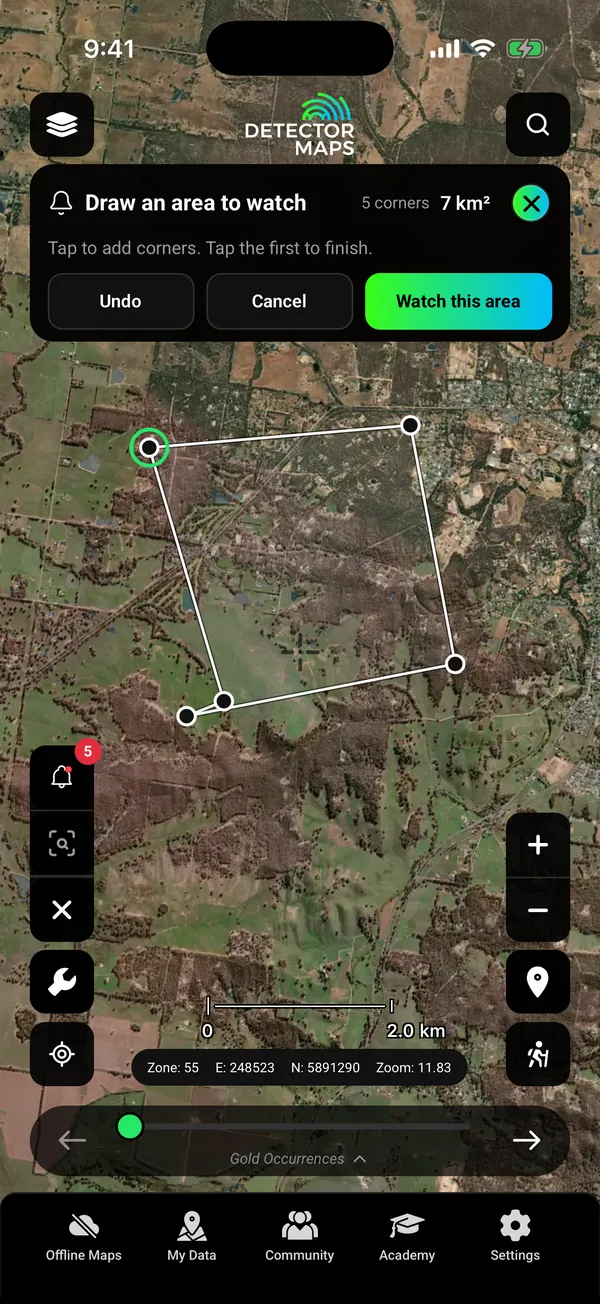 Watch an area (Pro): the Draw an area to watch card with four corners drawn on satellite east of Castlemaine, 7 km2, Undo / Cancel / Watch this area