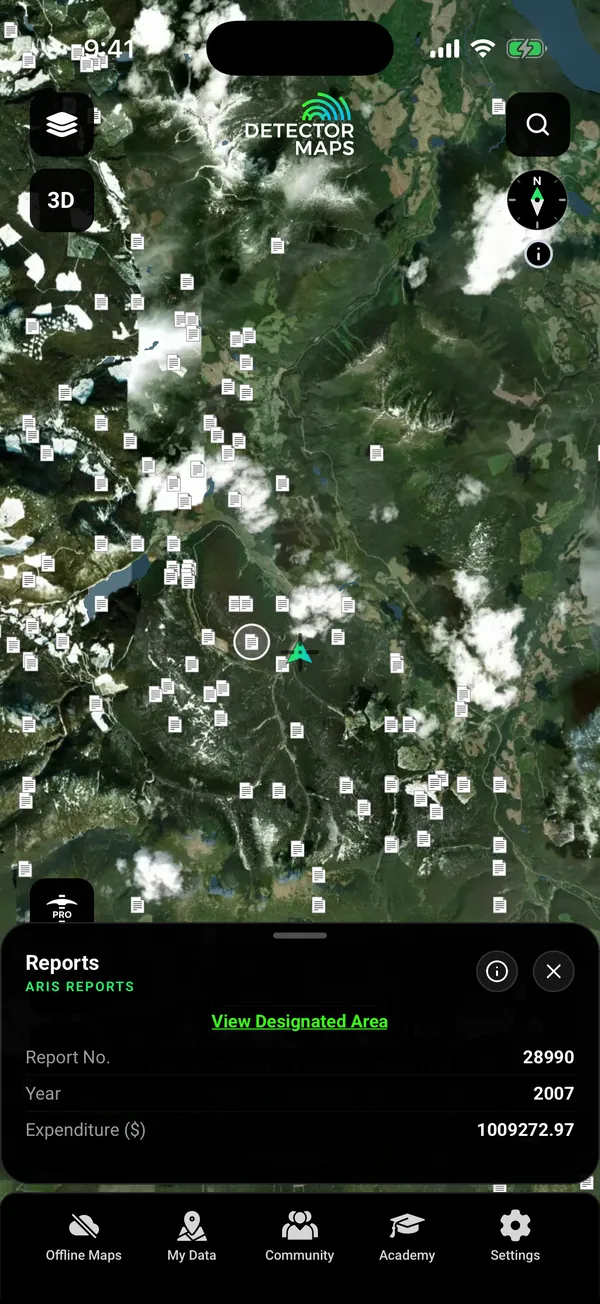 ARIS assessment reports as document icons across the Barkerville gold district, with a tapped report card (report 28990, 2007, expenditure C$1,009,272.97) and a View Designated Area link