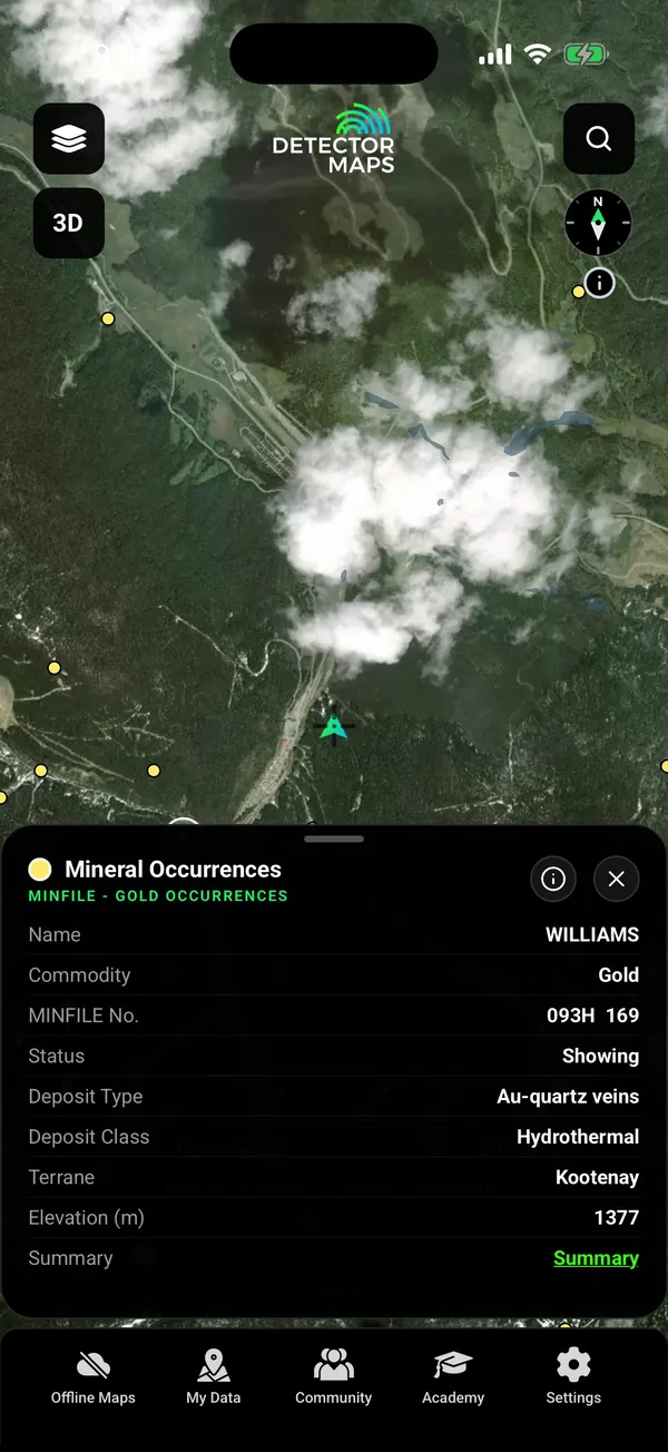 MINFILE gold occurrences in the Cariboo gold district near Barkerville with a tapped record card (WILLIAMS, MINFILE 093H 169, Au-quartz veins, Hydrothermal, Kootenay terrane, 1377 m)