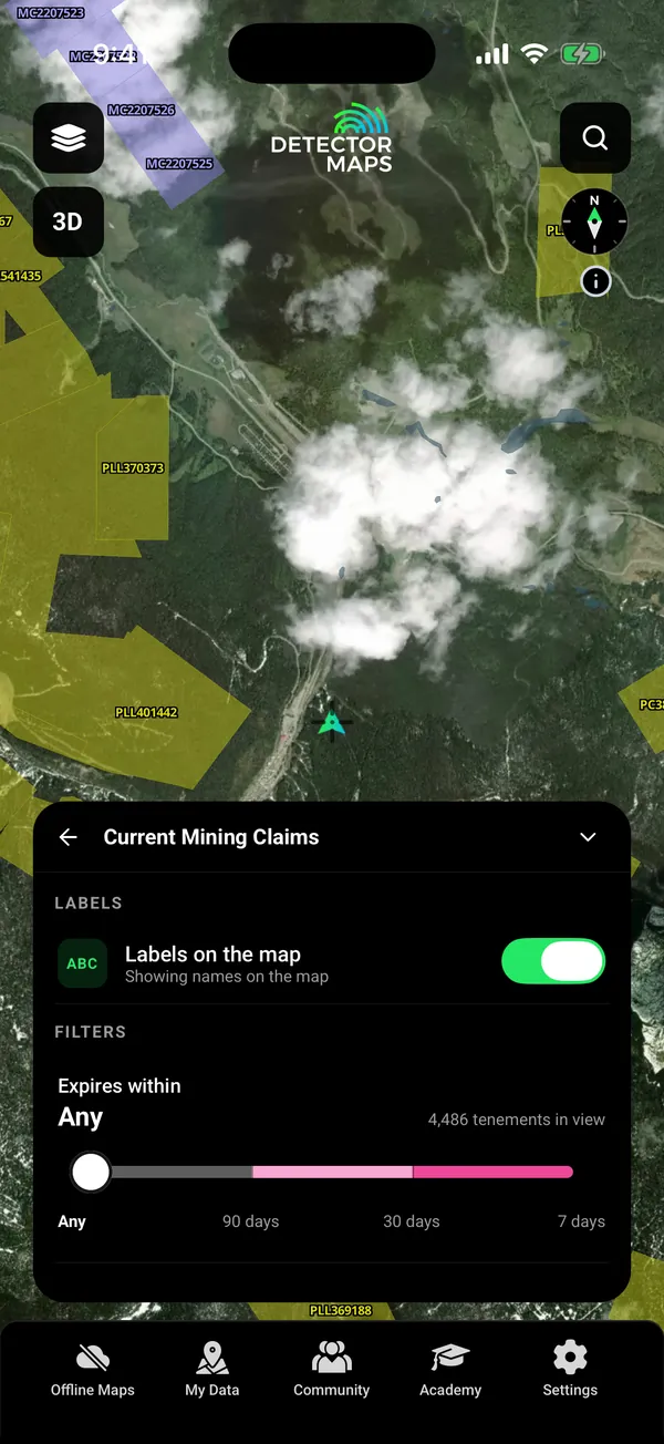 Current BC mining claims and placer leases around Barkerville with the filter card: labels on the map, Expires within slider (Any, 90, 30, 7 days) and 4,486 tenures in view