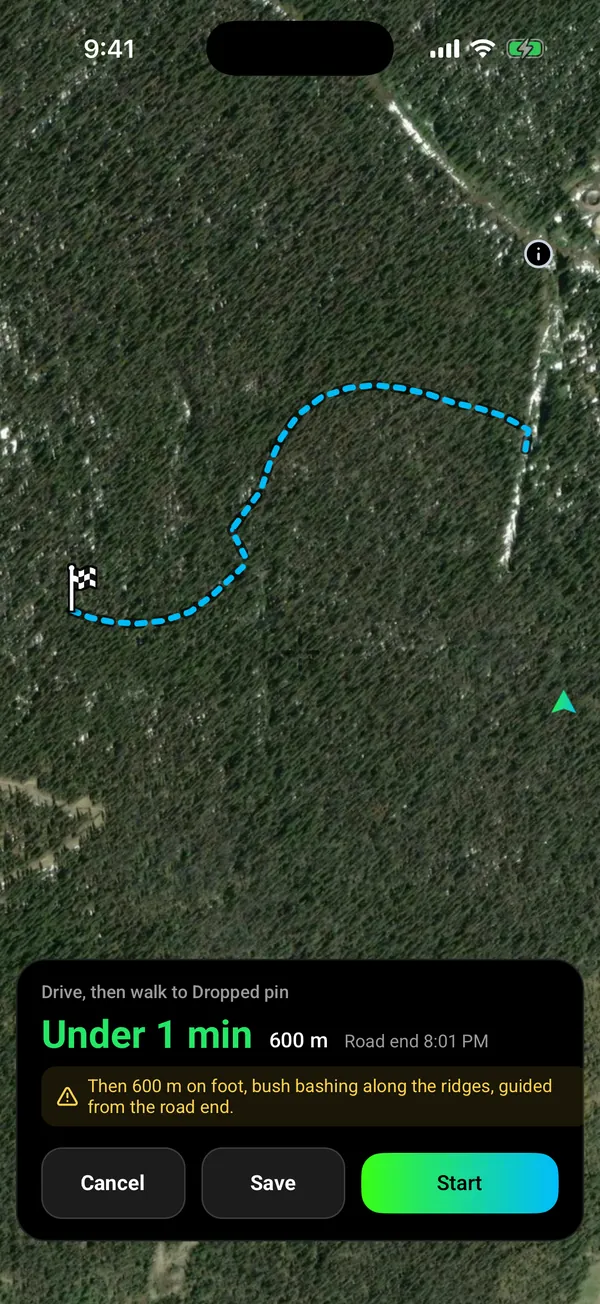 Go to route, drive then walk: under 1 min and 600 m by road, then 600 m on foot bush bashing along the ridges (blue dashed) through Cariboo forest to a dropped pin