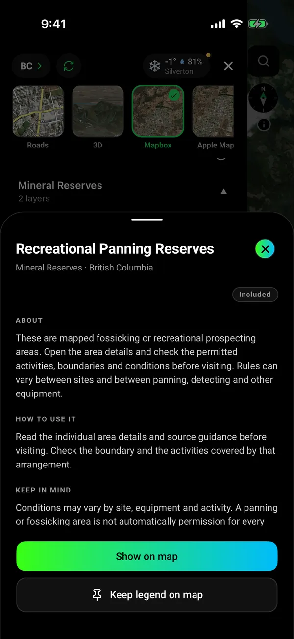 Recreational Panning Reserves layer info sheet: what the mapped fossicking areas are, how to use them and the keep-in-mind rule that a panning area is not permission for every activity