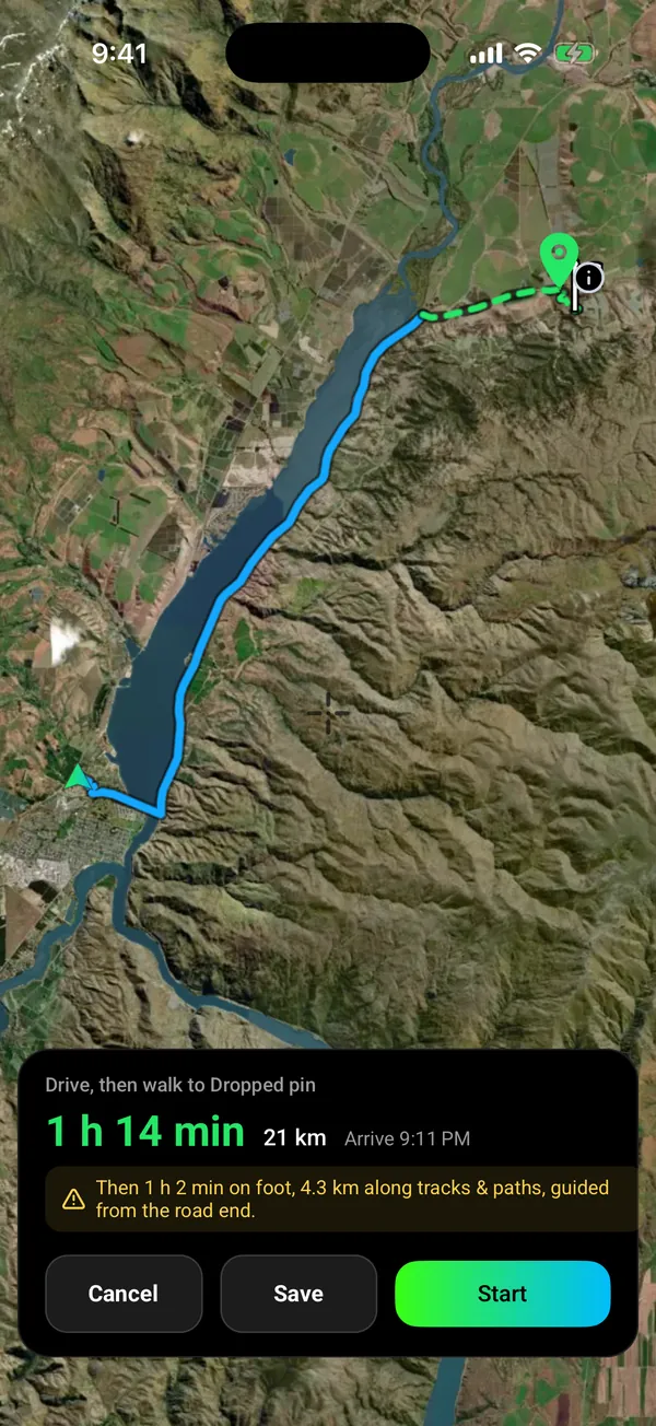Go to route, drive then walk: 1 h 14 min and 21 km by road up Lake Dunstan, then 1 h 2 min and 4.3 km on foot along tracks and paths (green dashed) into the Bendigo hills