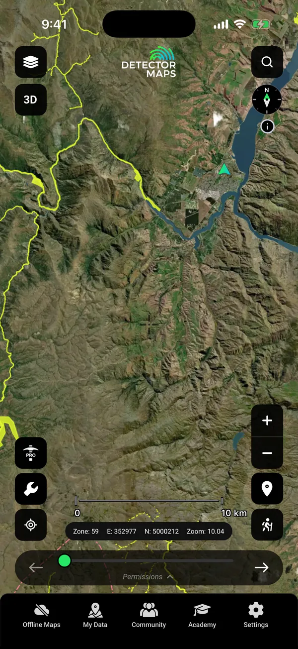 Gold fossicking areas and active gold mining permits drawn in yellow over the Kawarau Gorge and Roaring Meg country west of Cromwell, Central Otago