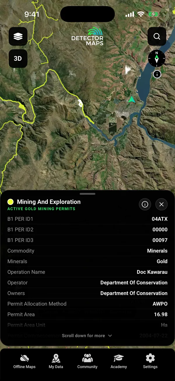 Active Gold Mining Permits and Gold Fossicking Areas along the Kawarau Gorge above Cromwell, with a tapped permit card (Doc Kawarau, held by the Department of Conservation)