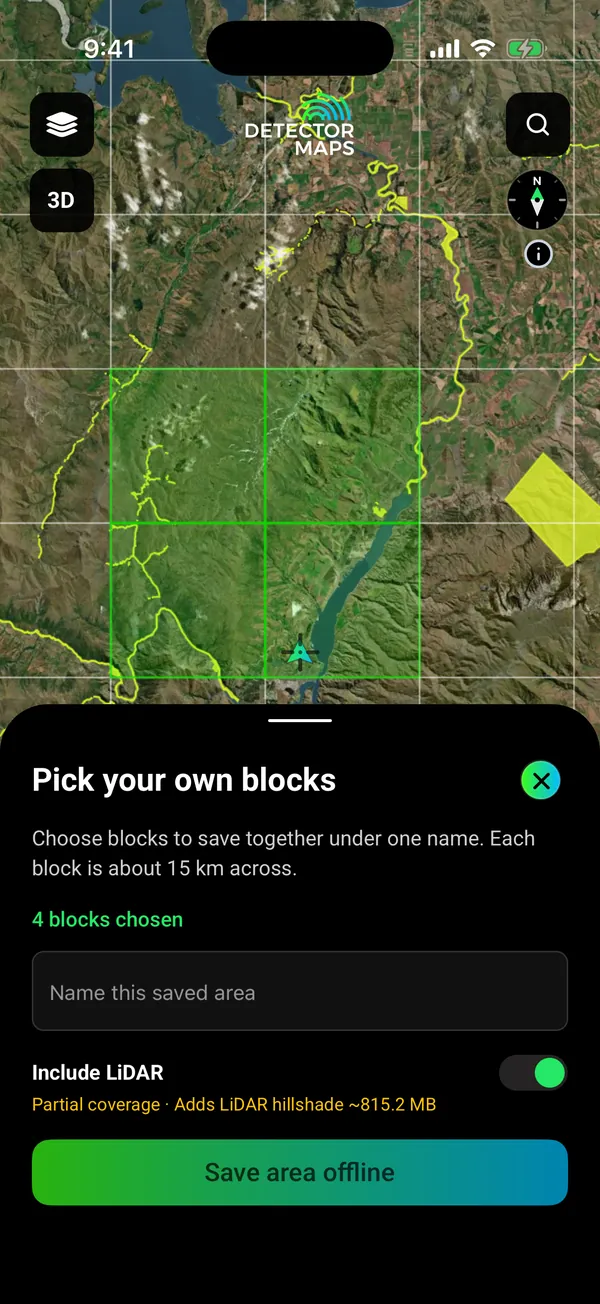 Offline block picker over Central Otago around Cromwell and Lake Dunstan: 3 blocks chosen, Include LiDAR switch on with 'Partial coverage', adds LiDAR hillshade about 610.5 MB
