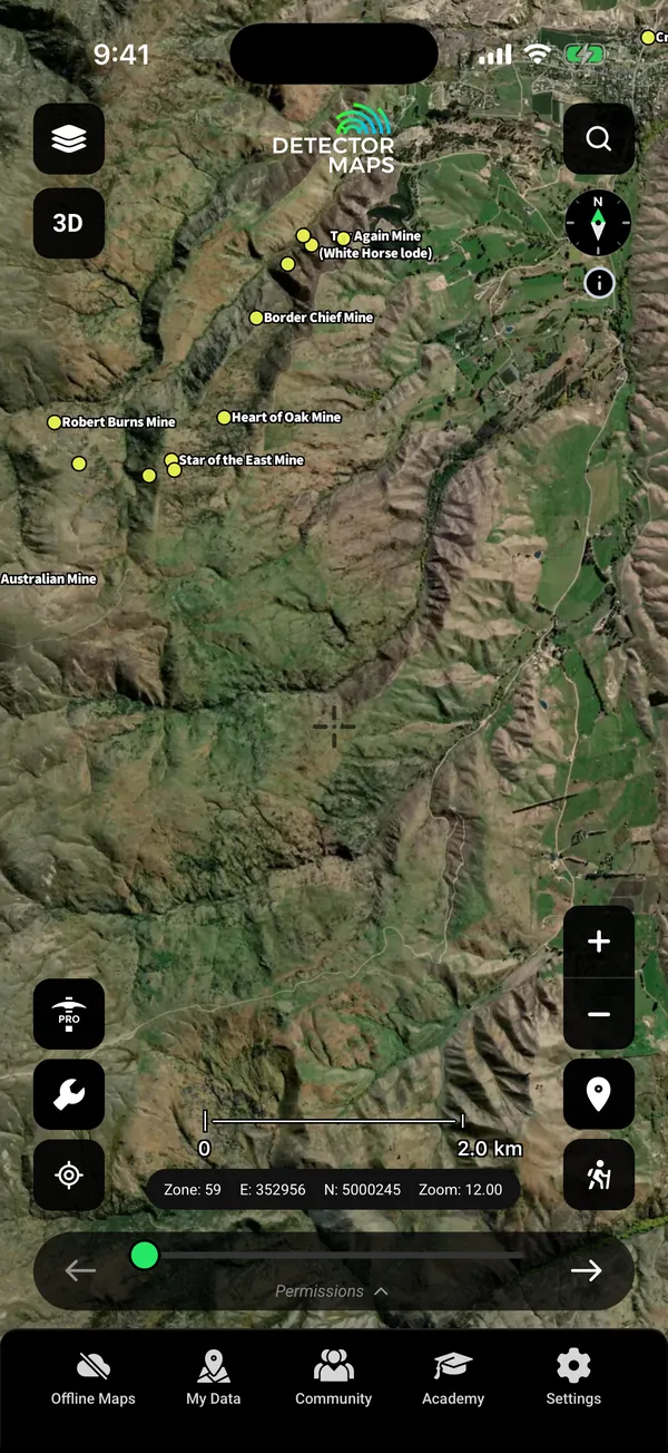 Named gold occurrences in the Carrick Range goldfield above Cromwell, Central Otago: Border Chief, Heart of Oak, Star of the East, Robert Burns, Young Australian and other historic mines