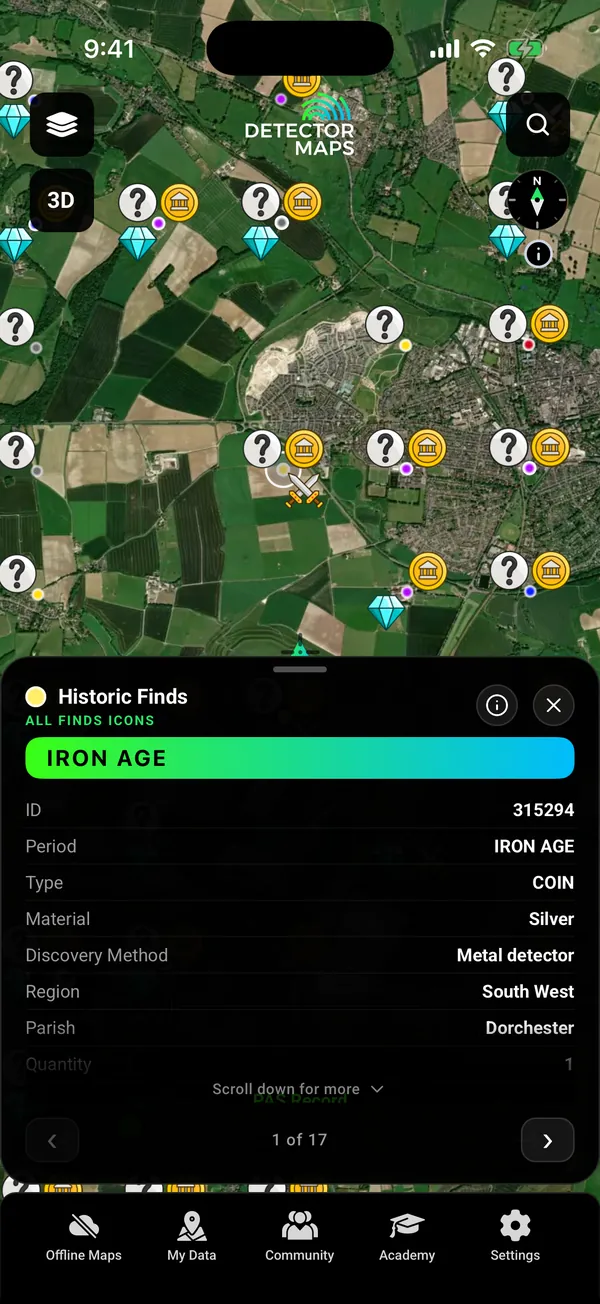 Recorded finds (Portable Antiquities records) around Dorchester and Maiden Castle, icons dotted by period, with a tapped Iron Age silver coin card (1 of 17 nearby)