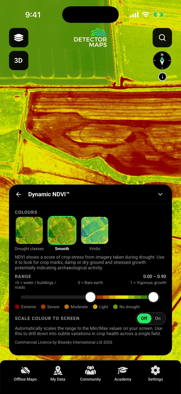 Dynamic NDVI over Dorset farmland south of Dorchester, with its card open: three colourings (Drought classes, Smooth, Viridis), a 0.00 to 0.90 range slider, the drought key and the Scale colour to screen switch