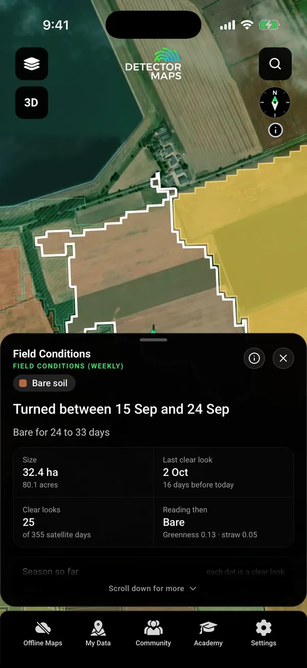 Field Conditions: a tapped 32 ha field in Lincolnshire, coloured by weekly Sentinel-2 state (bare soil, turned 15 to 24 Sep), with size, last clear look and clear looks count