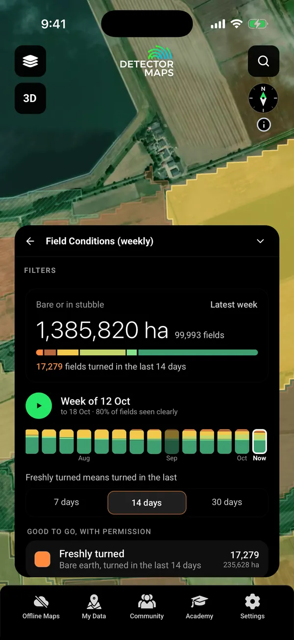 Field Conditions filter card: totals for bare or stubble ground, the scrolling week strip with Play, and the Freshly turned window (7, 14 or 30 days)