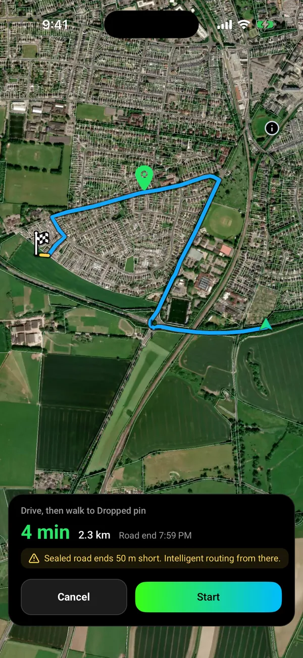 Go to route, drive then walk: 4 min and 2.3 km by road, then the sealed road ends 50 m short and intelligent routing takes over (yellow) to a dropped pin on the edge of a field in Dorchester