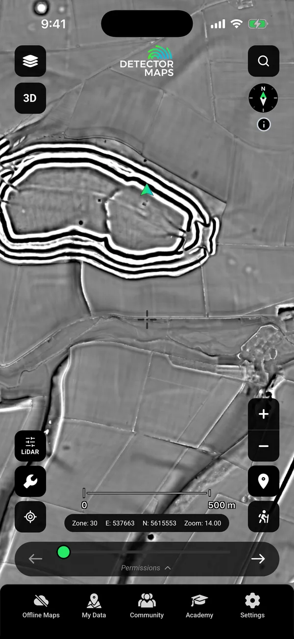 Dynamic LiDAR (Multi-scale, grey) over Maiden Castle hillfort, Dorset: ramparts, field boundaries and a Roman temple area, no card open