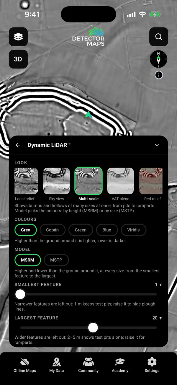 Dynamic LiDAR (Multi-scale, grey) over Maiden Castle hillfort, Dorset, with the Look card showing looks with live previews of this exact ground