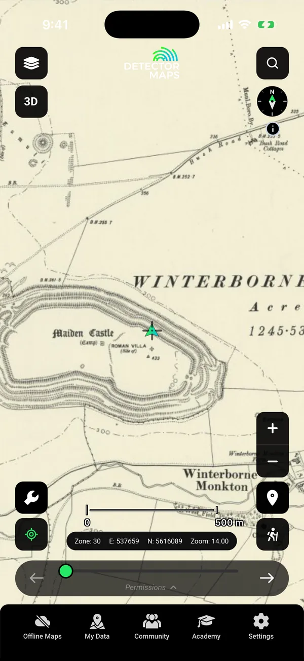 Old Ordnance Survey 1:10k map (circa 1888) over Maiden Castle hillfort, Dorset, with the site of a Roman villa and Winterborne Monkton