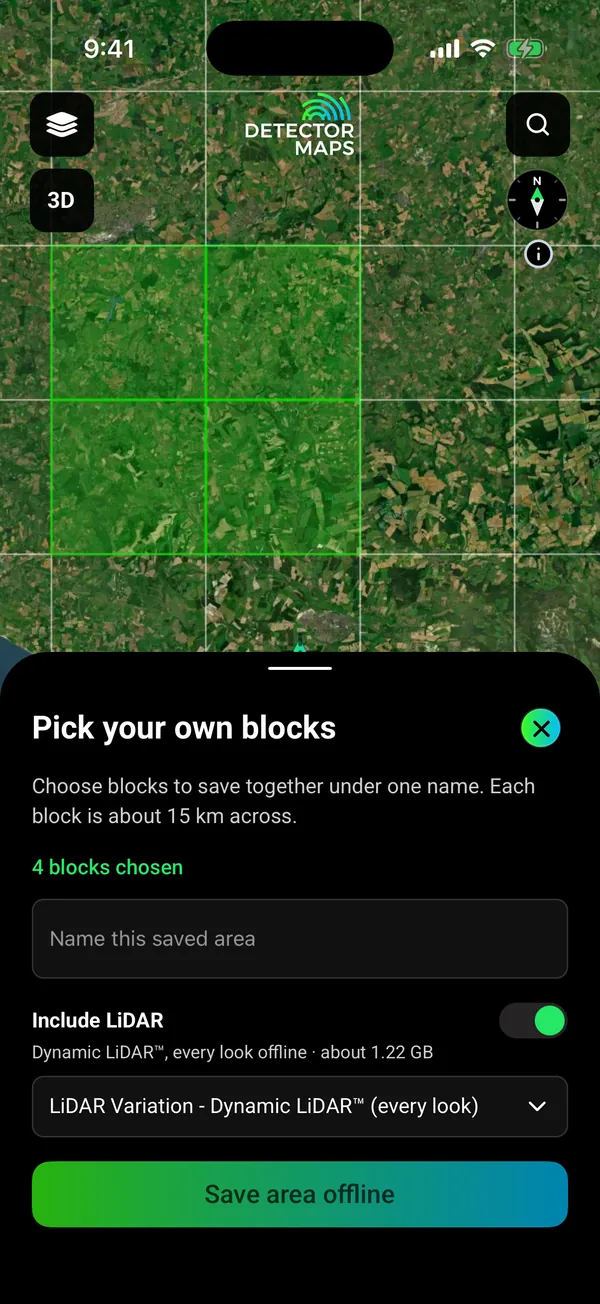 Offline block picker over Dorset farmland north-west of Dorchester, England: 4 blocks chosen, Include LiDAR switch on with the LiDAR Variation - Dynamic LiDAR (every look) choice, about 1.22 GB
