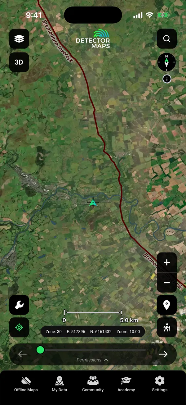 Roman Roads layer over farmland in the Scottish Borders: the dark red line is the Roman road labelled Bremenium to Inveresk