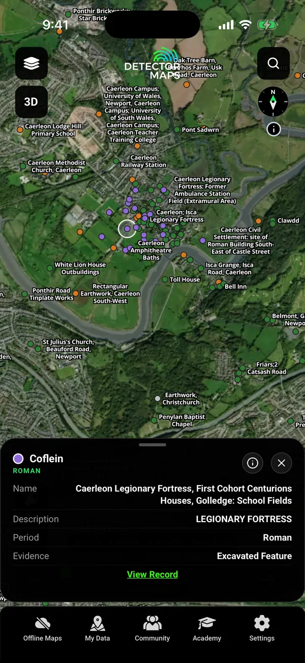 Coflein historic sites (Roman, Medieval, Iron Age, Bronze Age) around Caerleon, Wales, with a tapped Roman record card: Caerleon Legionary Fortress, First Cohort Centurions Houses