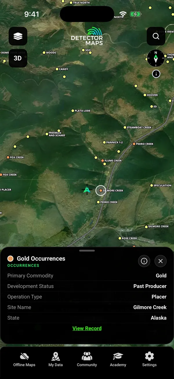 Named Alaska gold records on satellite near Fox, north of Fairbanks, with a tapped record card (Gilmore Creek, past producer, placer)
