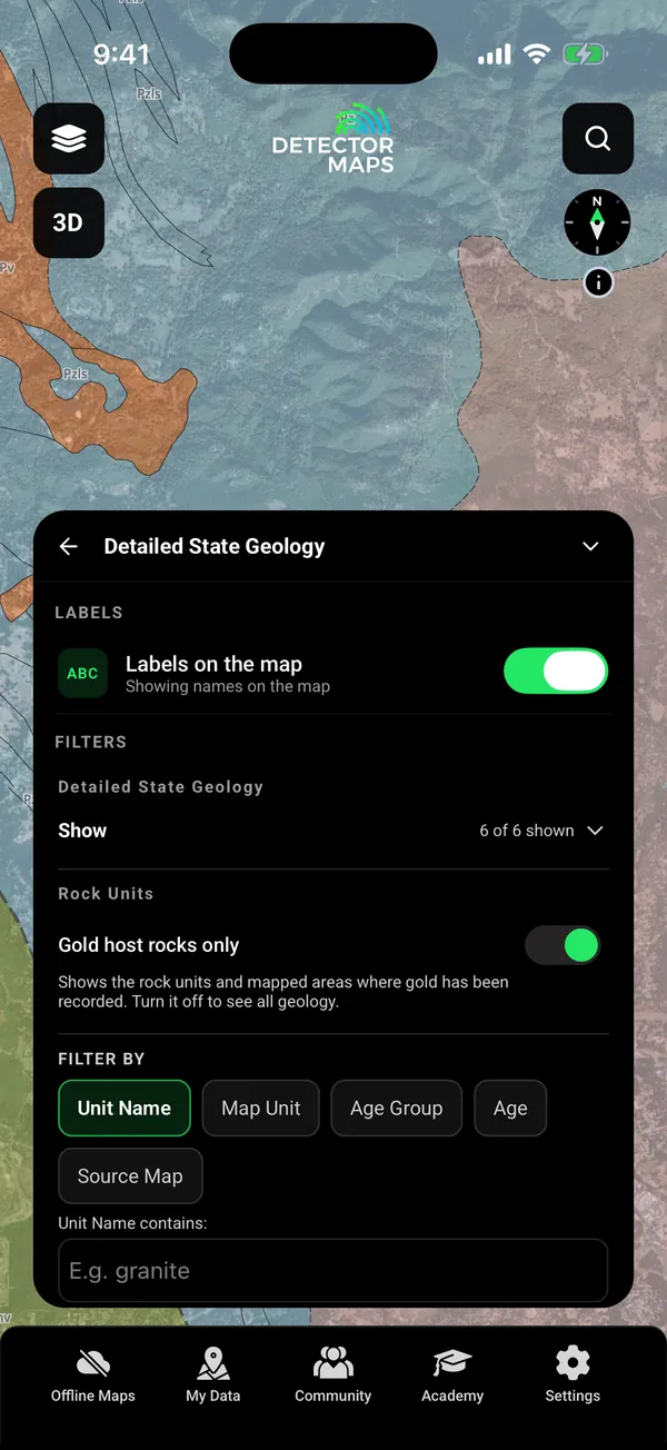 Detailed State Geology (California) at 62% over satellite with the Gold host rocks only switch on and the unit-name search