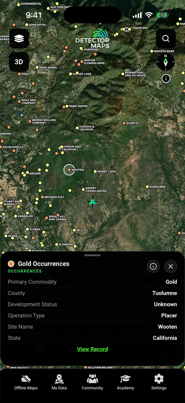 Named California Mother Lode gold records (placer and lode) with a tapped record card (Wooten, Tuolumne County)