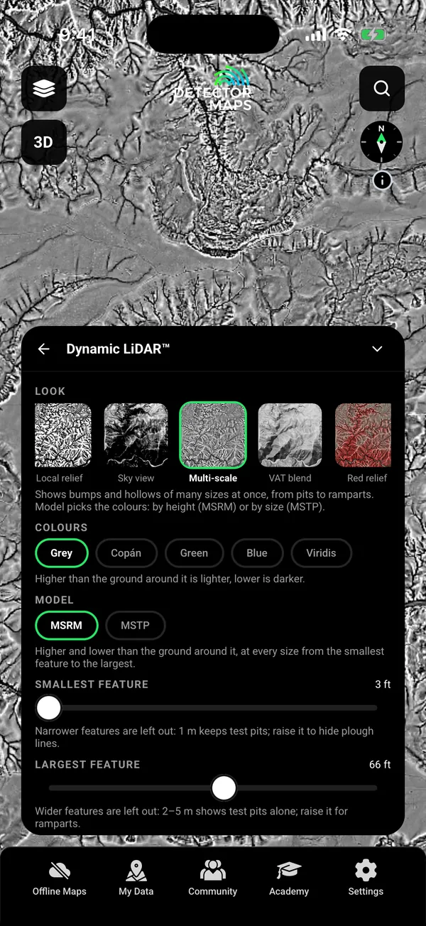 Dynamic LiDAR (Multi-scale, grey) over Malakoff Diggins, California, with the Look card (looks, colours, model, feature sizes)