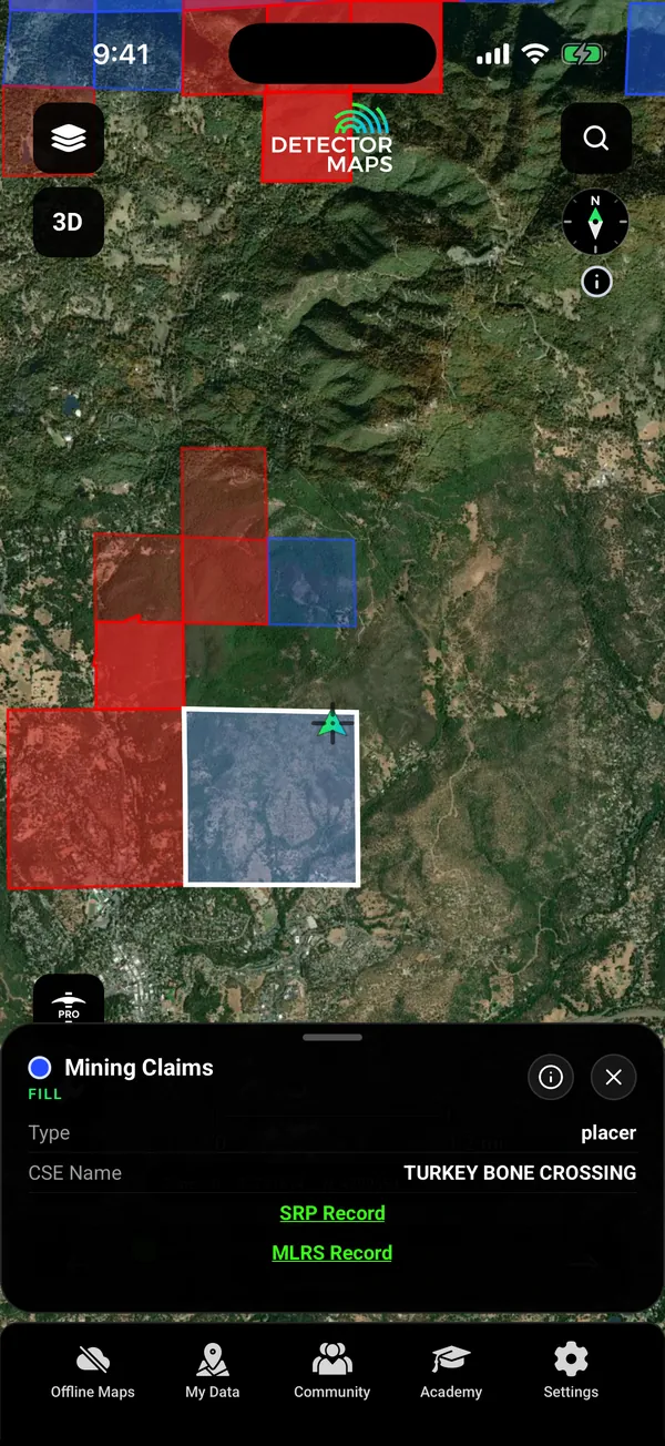 Active BLM mining claims (placer and lode) on satellite with a tapped claim card (placer claim, links to BLM records)