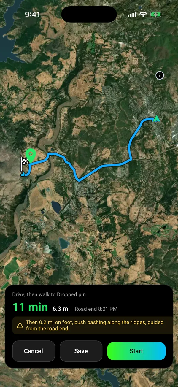 Go to route, drive then walk: 11 min and 6.3 mi by road, then 0.2 mi on foot across open ground to a dropped pin near Rawhide in the Mother Lode