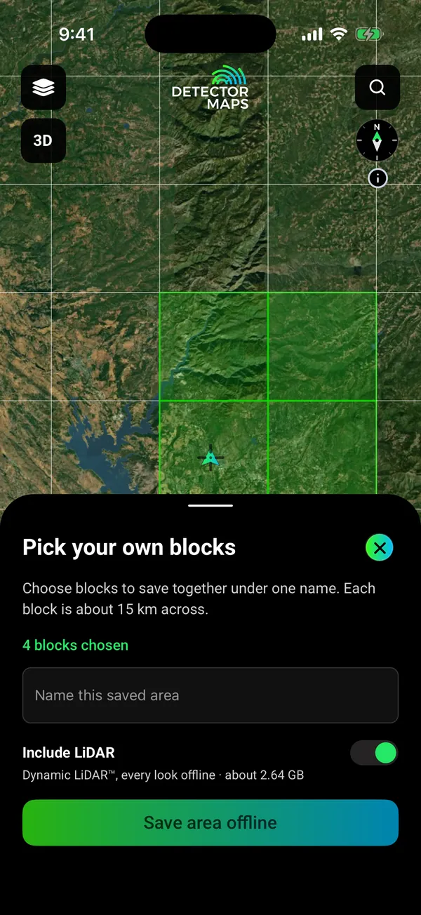 Offline block picker over the Sierra Nevada foothills near Sonora, Tuolumne County, California (Mother Lode): 4 blocks chosen, Include LiDAR switch on, Dynamic LiDAR every look offline about 2.64 GB
