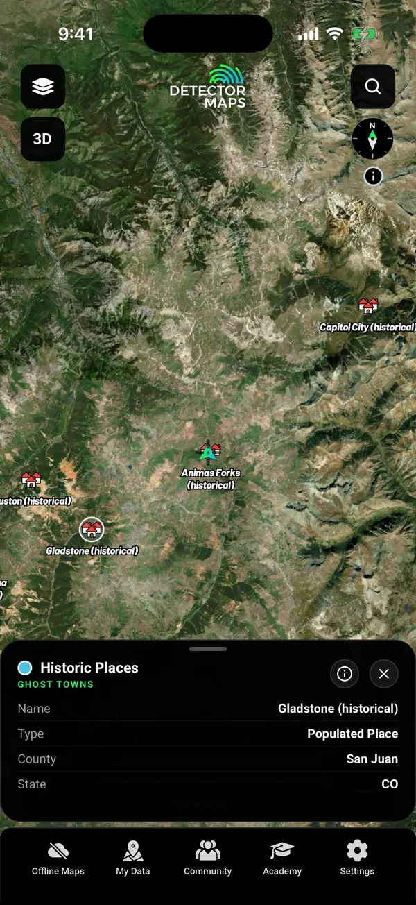 Ghost Towns in the San Juan Mountains of Colorado with a tapped record card (Gladstone, historical populated place)