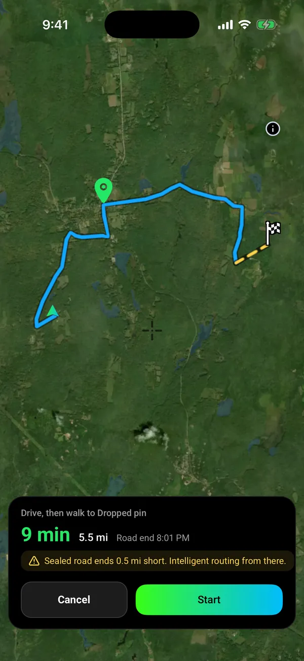 Go to route, drive then walk: 9 min and 5.5 mi by road, then the sealed road ends 0.5 mi short and intelligent routing takes over (dashed yellow) to a dropped pin in central Massachusetts woodland