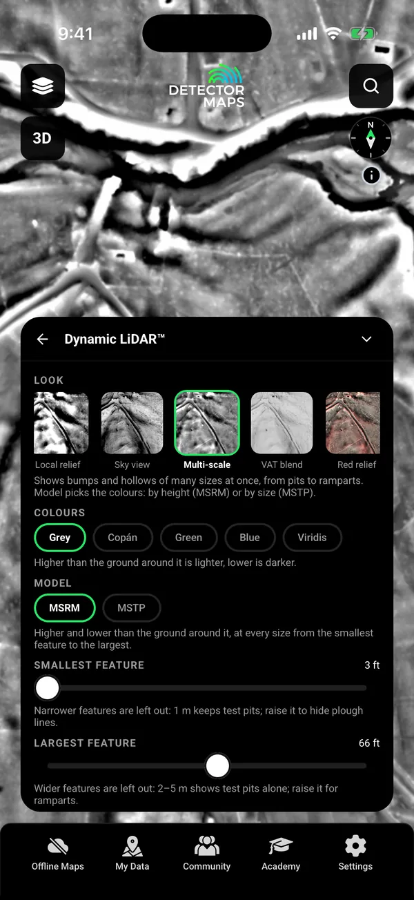 Dynamic LiDAR (Multi-scale, grey) over the old town of Dana area in central Massachusetts, showing old roads, stone walls and field boundaries, with the Look card