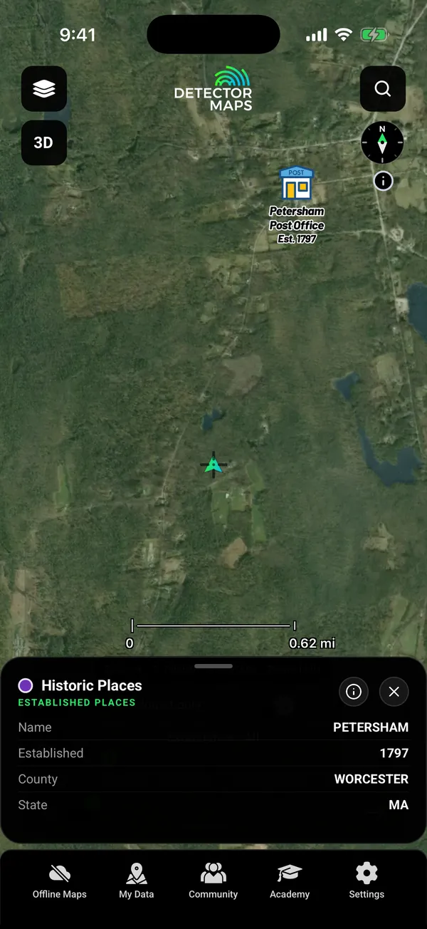 Historic Established Places on satellite near Petersham, Massachusetts: the Post Office icon labelled Est. 1797, with a tapped record card (Name Petersham, Established 1797, County Worcester, State MA) and the Abandoned only switch and Established slider (Established to All)