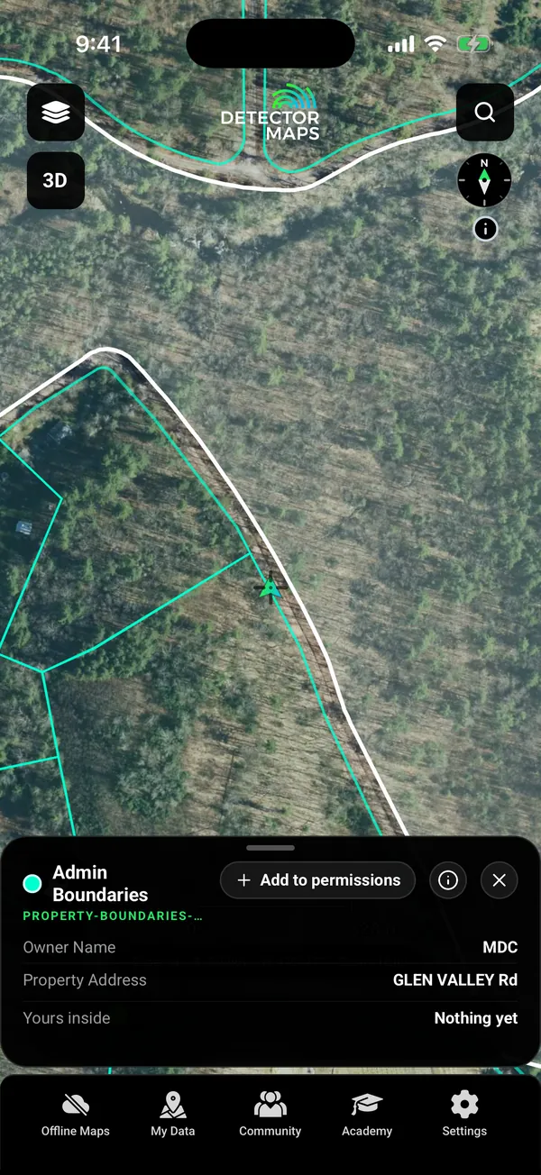 Property Boundaries over satellite with a tapped parcel card owned by a public agency (MDC, the Metropolitan District Commission), with the Add to permissions button