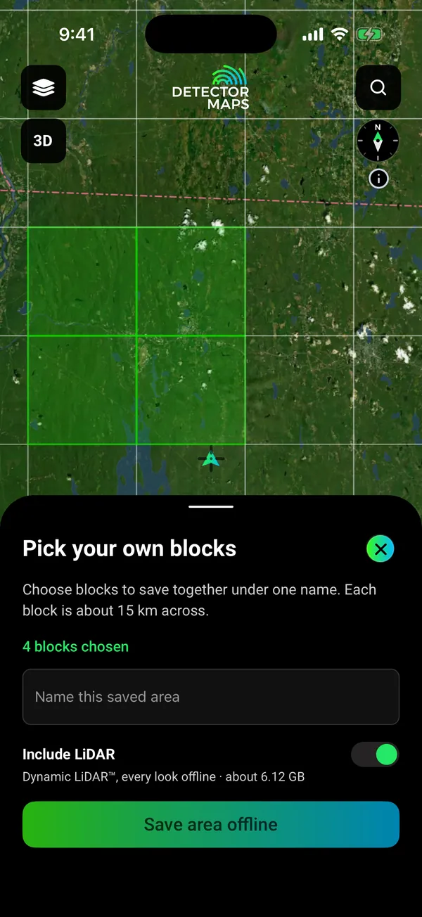 Offline block picker over central Massachusetts (Quabbin and Petersham area): 4 blocks chosen, Include LiDAR switch on, Dynamic LiDAR every look offline about 6.12 GB