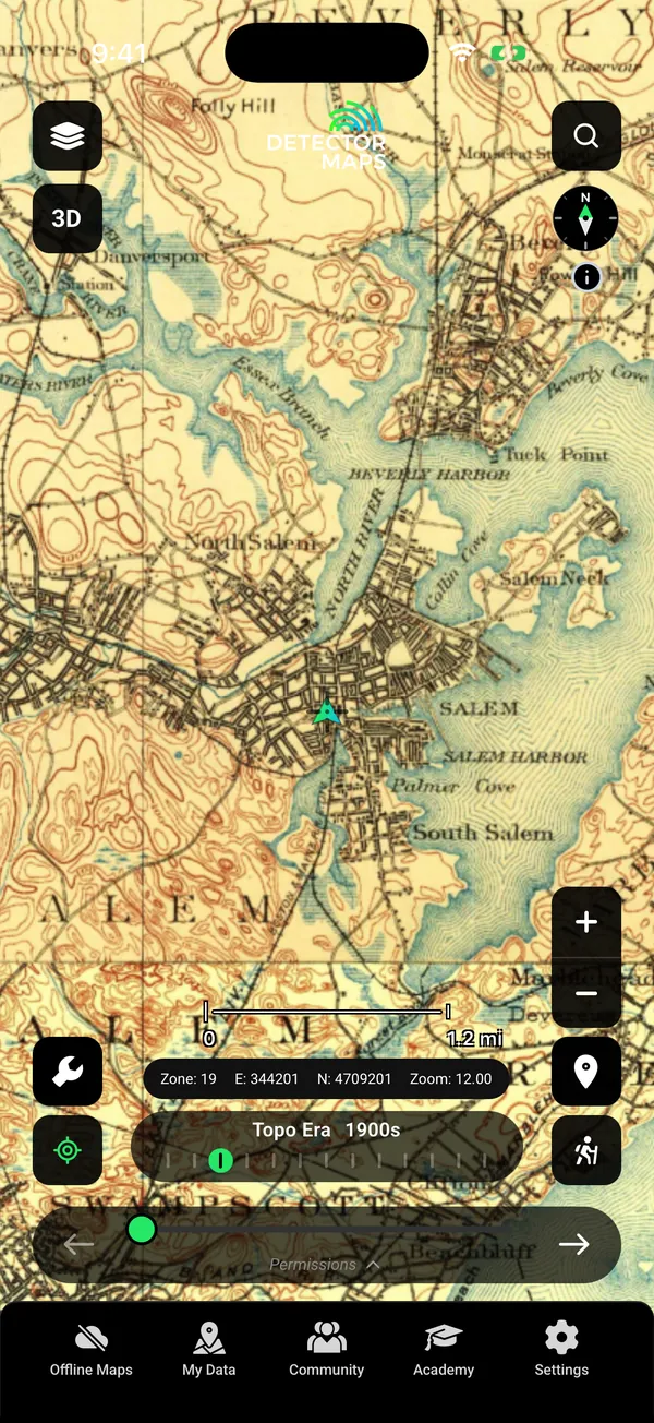 Historic USGS Topo (by era) over Salem, Massachusetts: a 1900s topographic sheet with the Topo Era slider