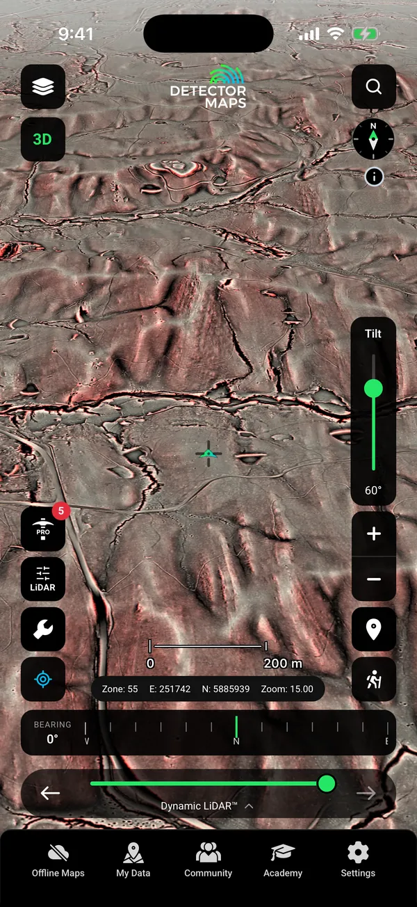 LiDAR ground tilted to 60 degrees in 3D, with gullies and old workings standing out.