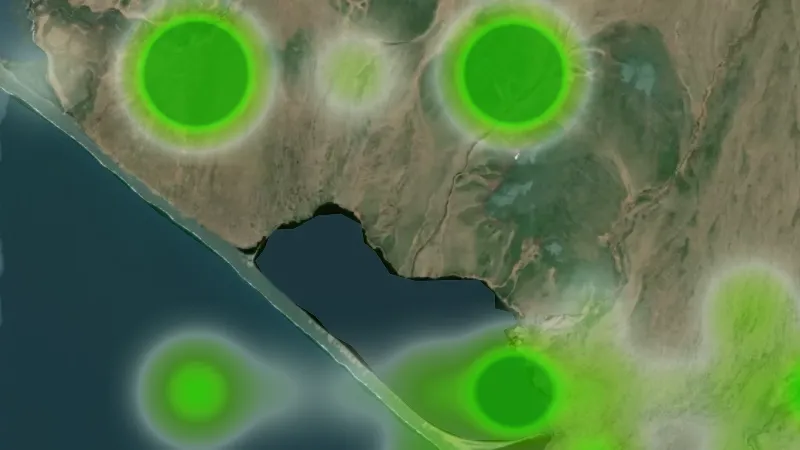 Historic Mill Claim Heatmap in Alaska, drawn over satellite imagery