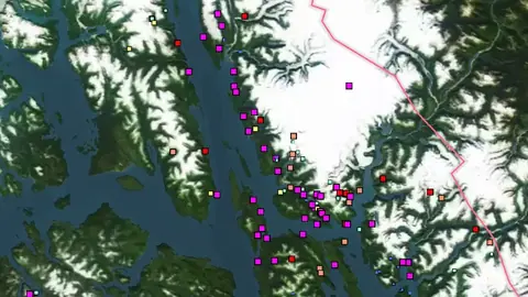 Stream Concentrate Geochemistry in Alaska, drawn over satellite imagery