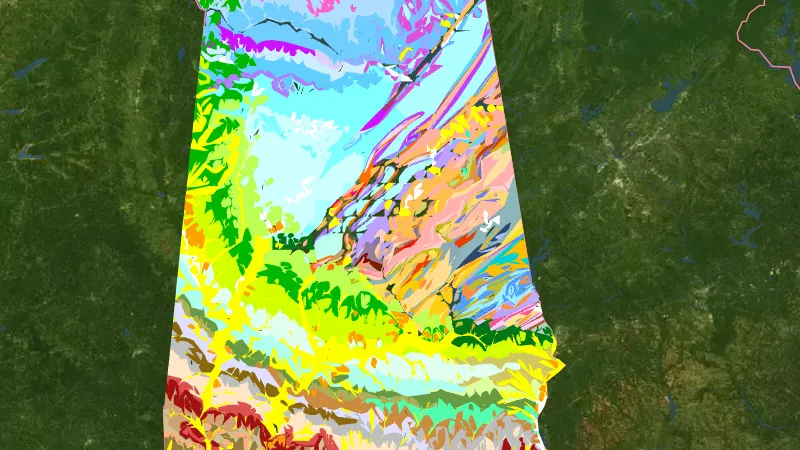 Detailed State Geology in Alabama, drawn over satellite imagery