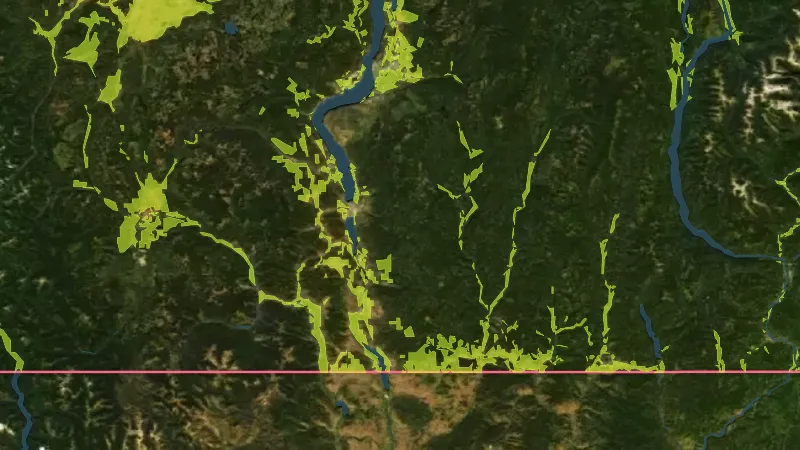 Agricultural Land Reserve in British Columbia, drawn over satellite imagery